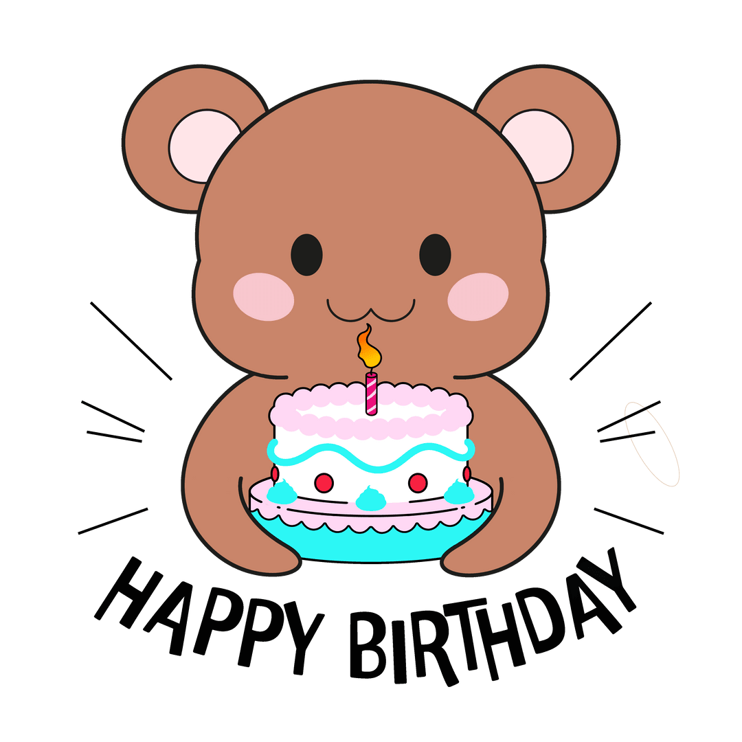 Flat Design Bear with Cake on Happy Birthday Transparent Background