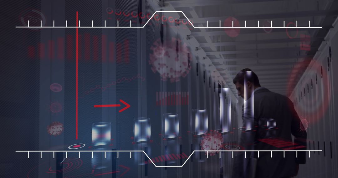 Businessman Analyzing Futuristic Digital Interface in Data Center