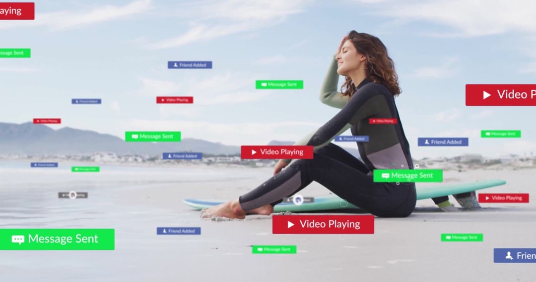 Woman in Wetsuit Relaxing Surrounded by Floating Notifications
