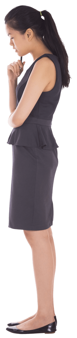 Pensive Businesswoman Holding Pen Looking Down on Transparent Background