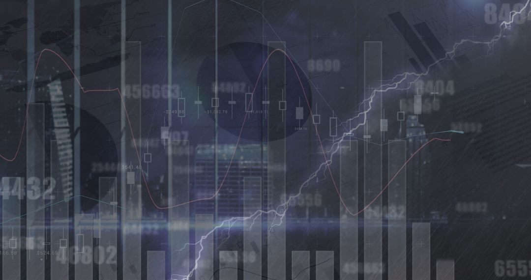 Urban Skyline with Financial Volatility and Lightning Bolt