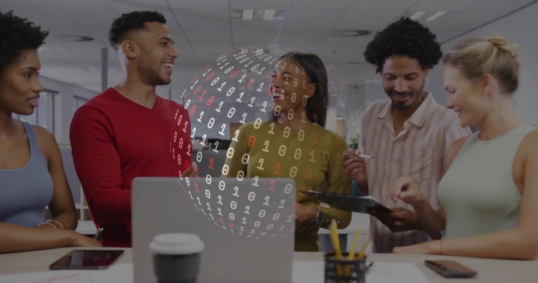 Diverse Team Collaborating on Data Security in Office Environment