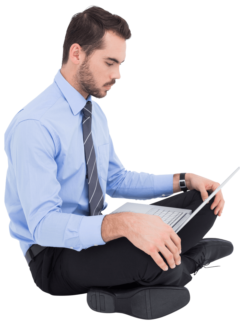 Transparent Young Professional Using Laptop on Floor