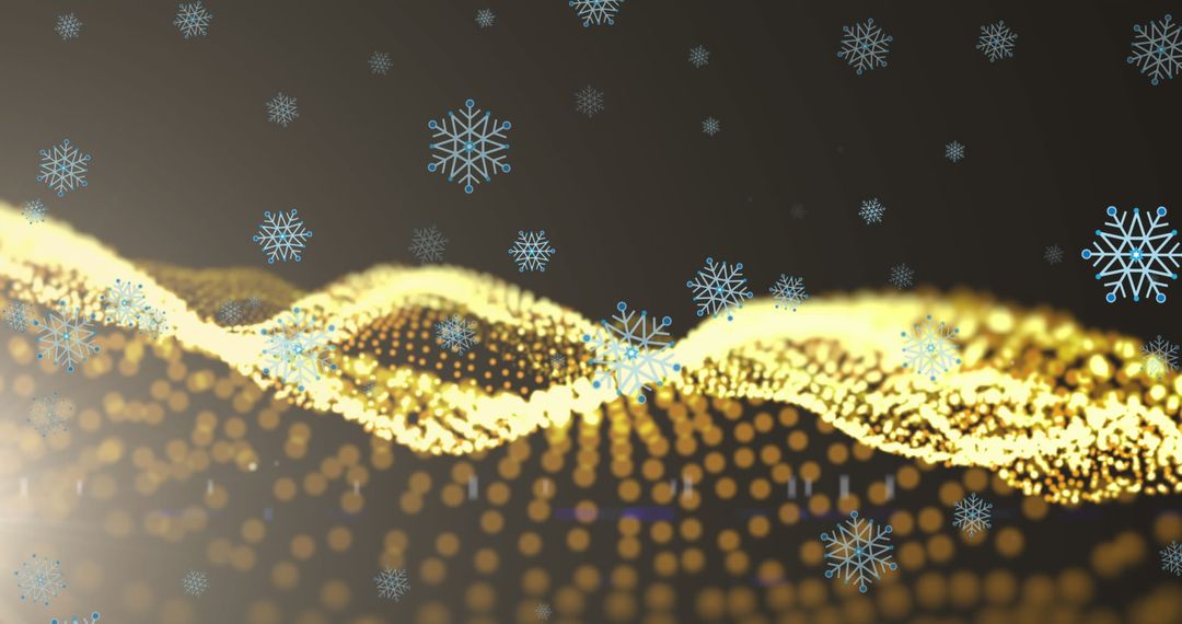 Snowflakes Falling Over Glowing Golden Wave Dynamics