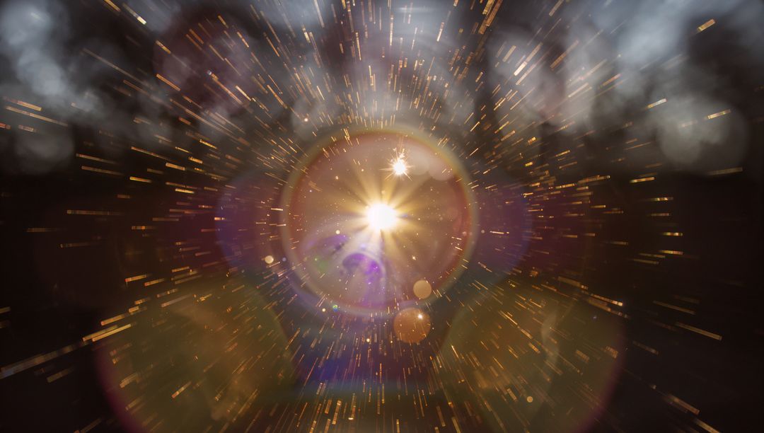 Bursting Central Light with Multicolored Lens Flare and Radiating Golden Sparks over Dark Void