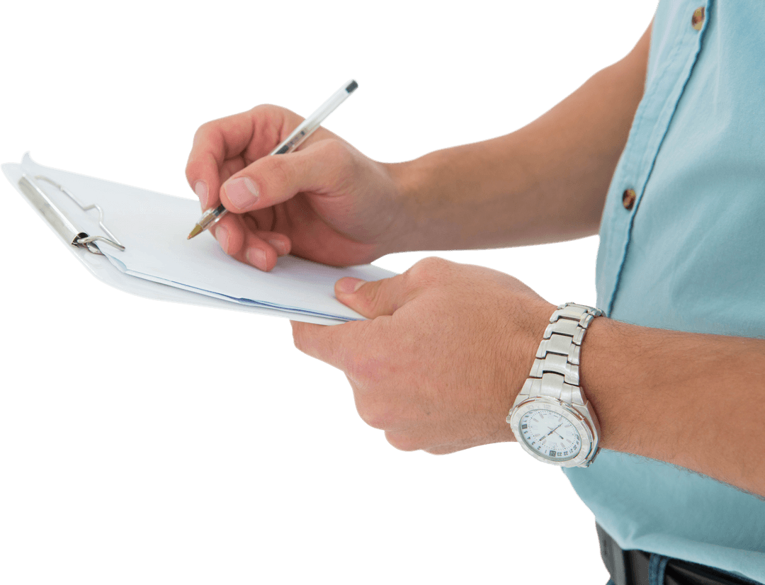 Transparent Mockup of a Man Writing on Clipboard