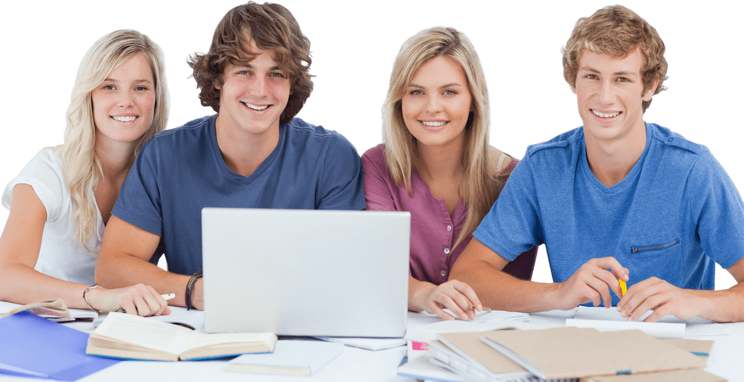 Transparent Smiling Students Collaborating with Laptop