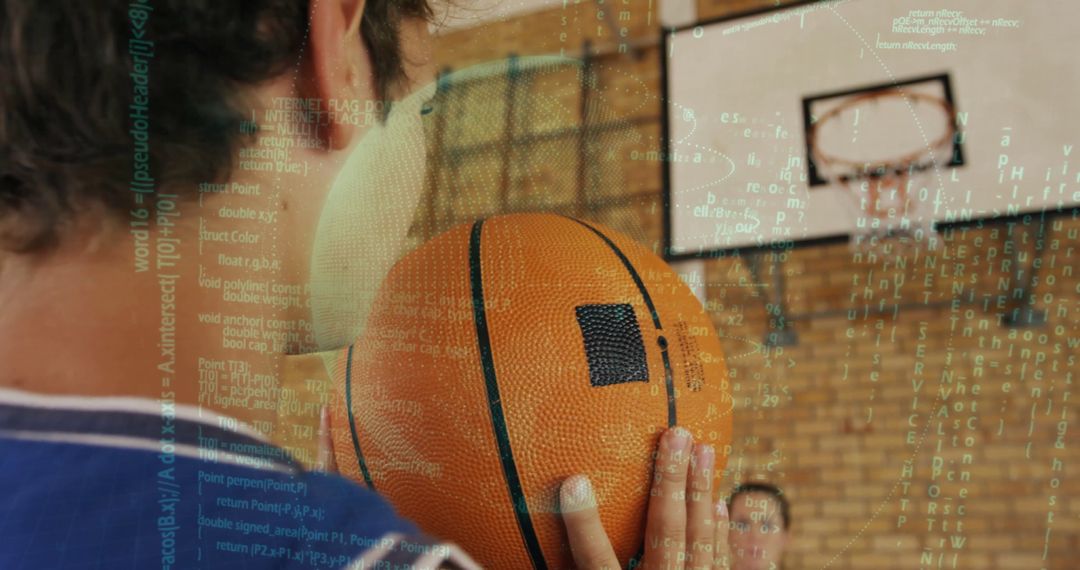 Boy Holding Basketball Preparing Shot with Digital Code Overlay