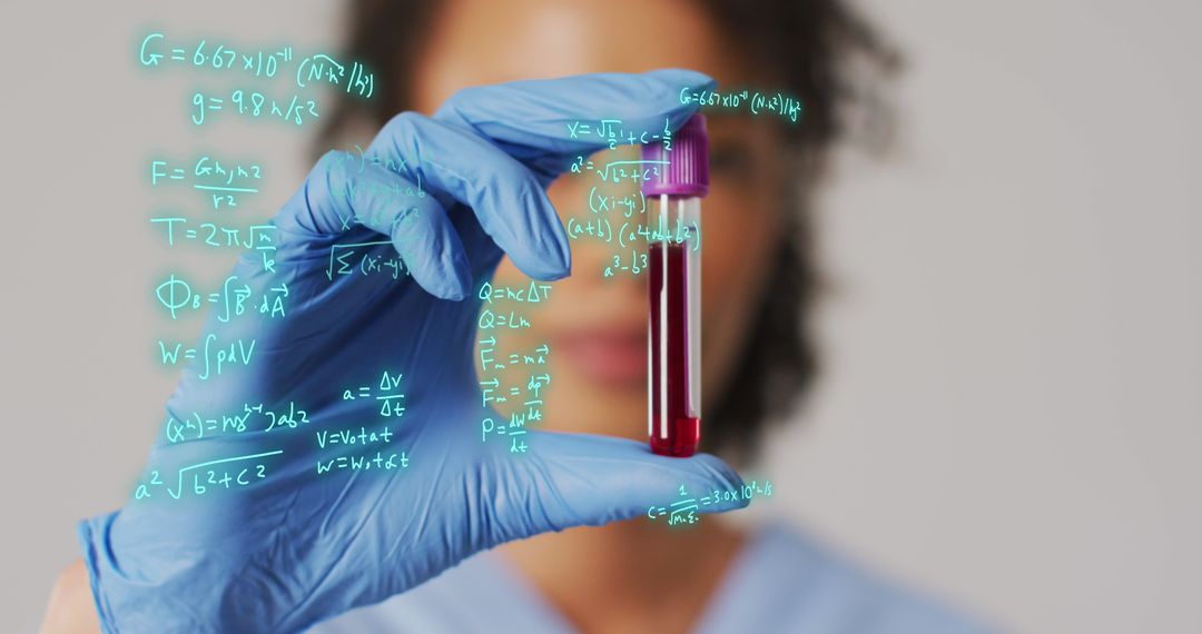 Biracial Scientist Holding Test Tube with Mathematical Equations Overlaid - Free Images, Stock Photos and Pictures on Pikwizard.com