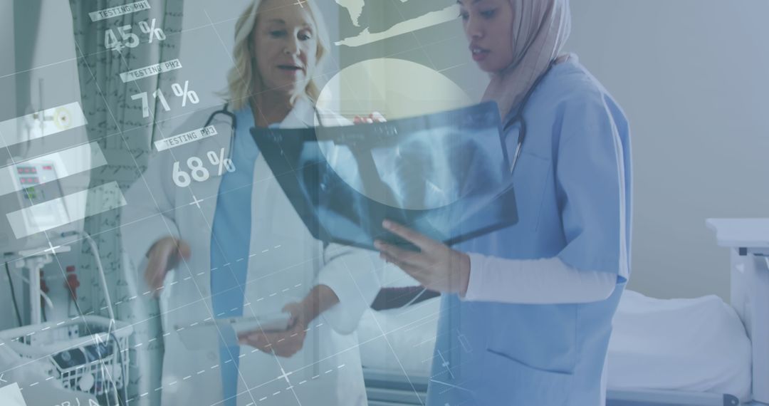 Diverse Doctors Analyzing X-Ray with Infographic Overlay in Hospital