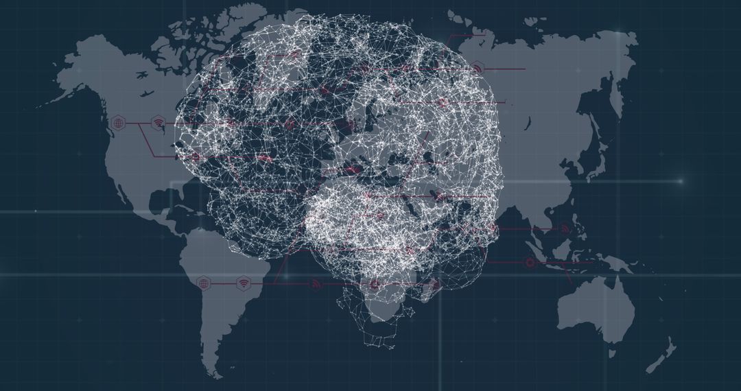 Digital Brain Overlay on World Map Illustrating Global Connectivity
