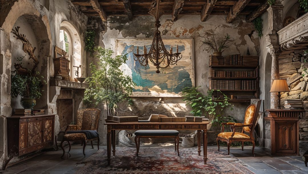 Rustic Writing Desk in Antique Stone Study Room with World Map