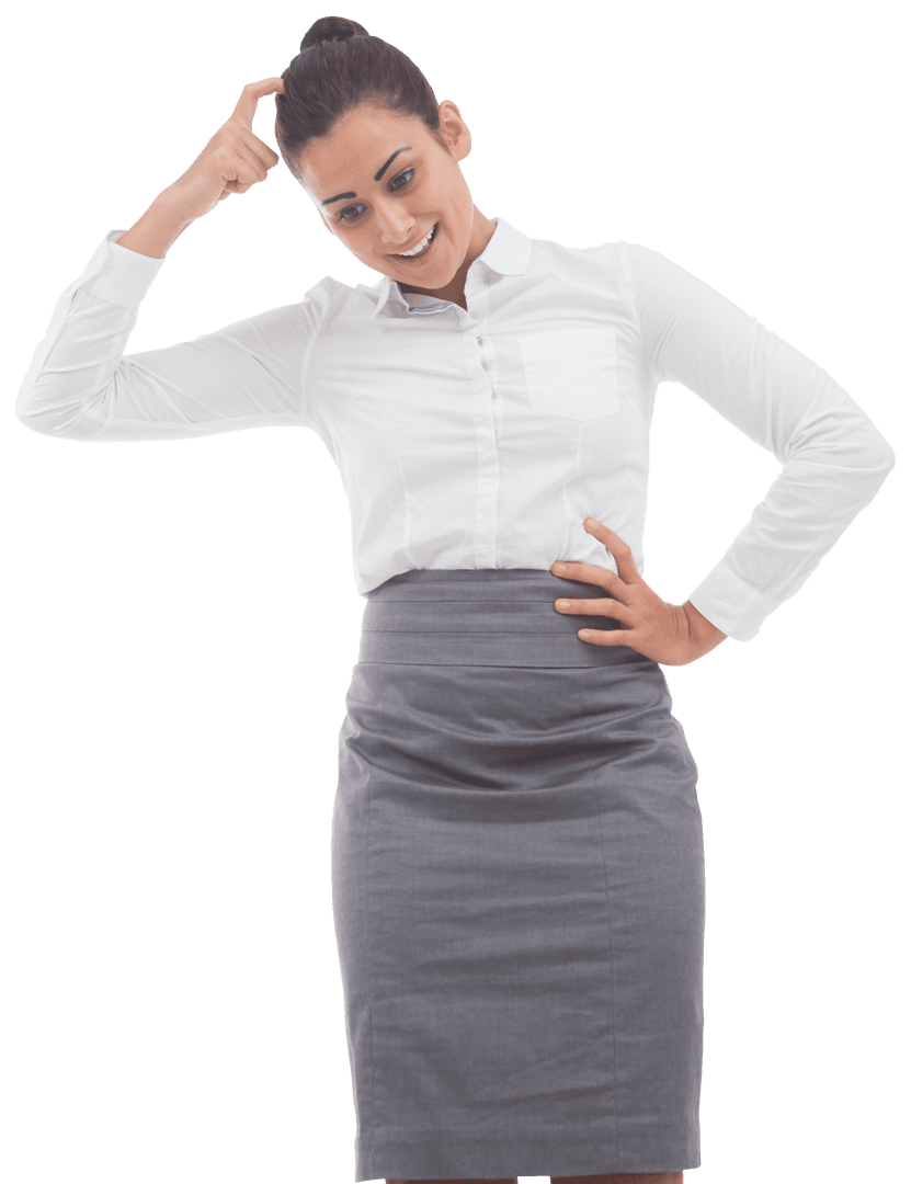 Happy Businesswoman Scratching Head on Transparent Background
