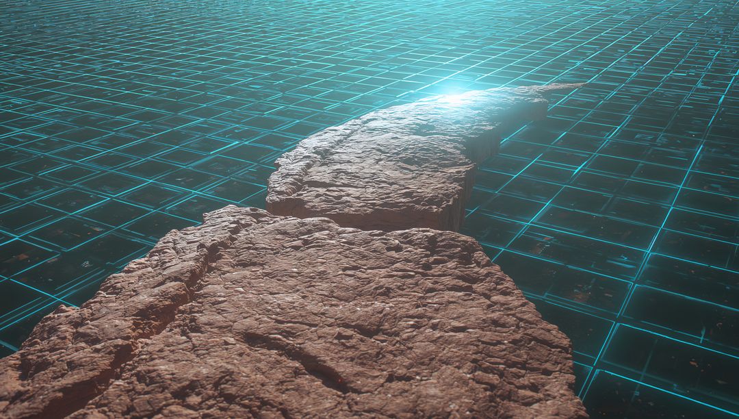 Textured Curving Rock Path Leading Toward Neon Horizon Over Retro-Futuristic Glowing Grid