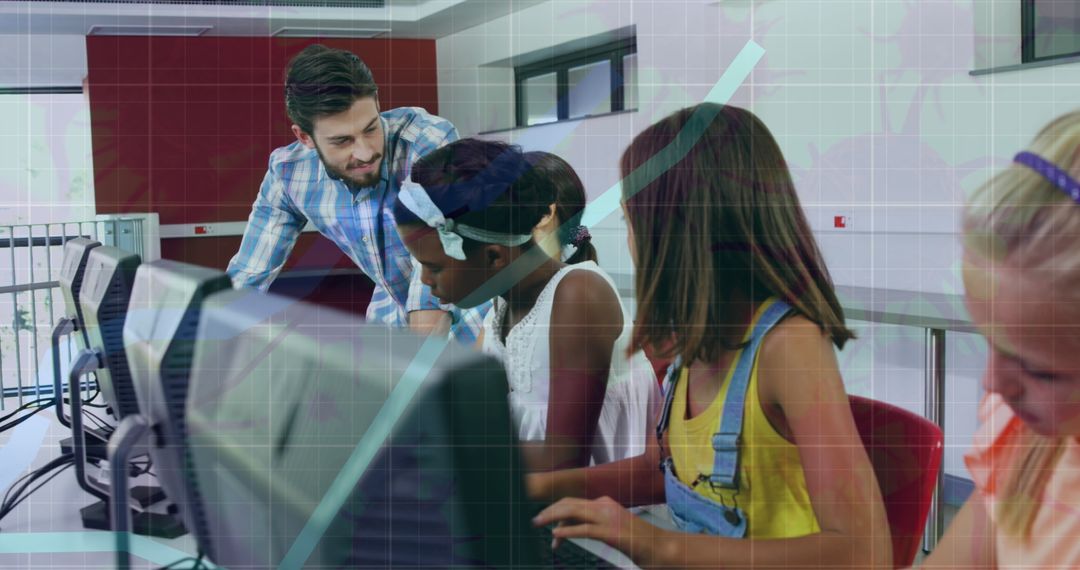 Teacher Assisting Schoolchildren in Digital Classroom Environment