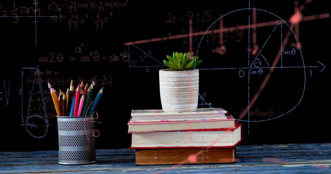 Colorful Pencils and Books with Plant on Desk Against Chalkboard