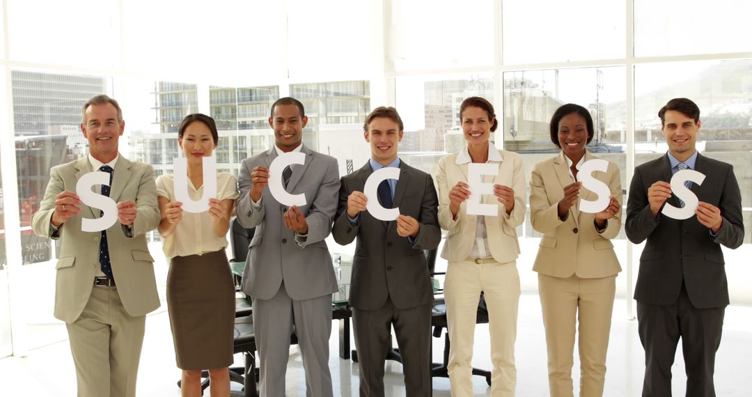Diverse Team Smiling Holding Success Letters