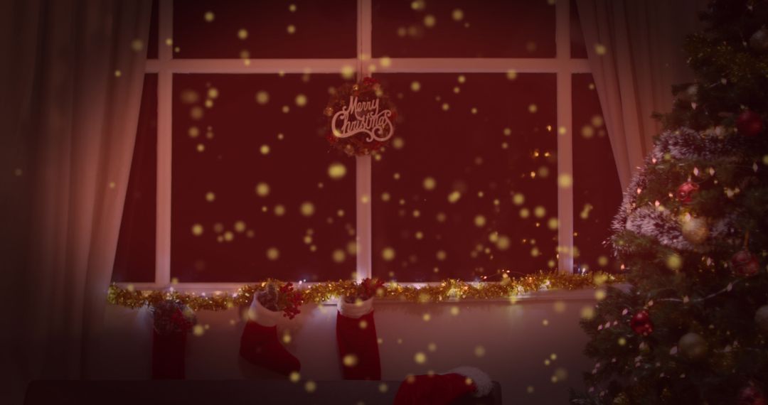 Festive Christmas Window Scene with Falling Snow