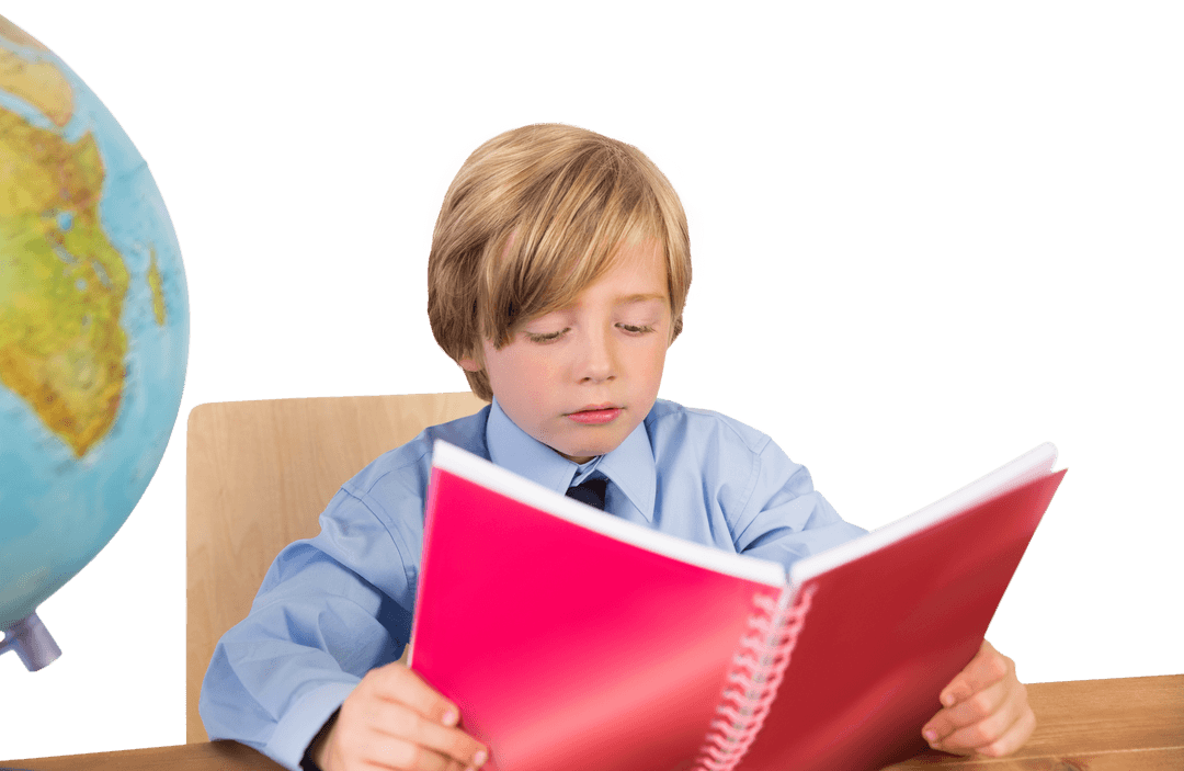 Caucasian Schoolboy Studying With Red Notebook on Transparent Background