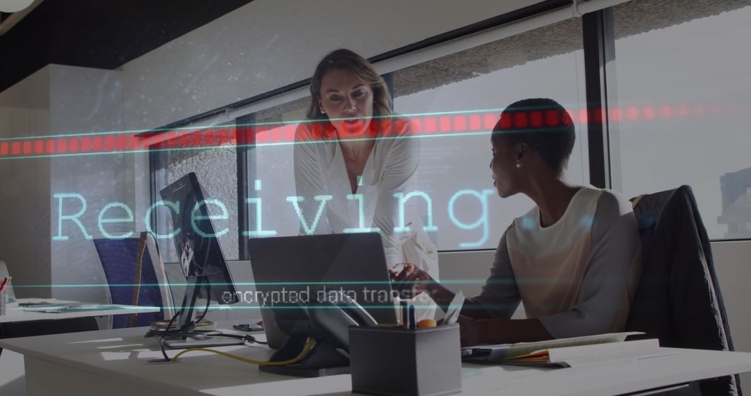 Colleagues Collaborating on Encrypted Data Transfer in Modern Office