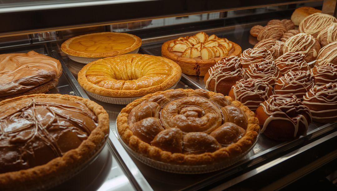 Display Case with Assorted Pies and Pastries in Rustic Bakery