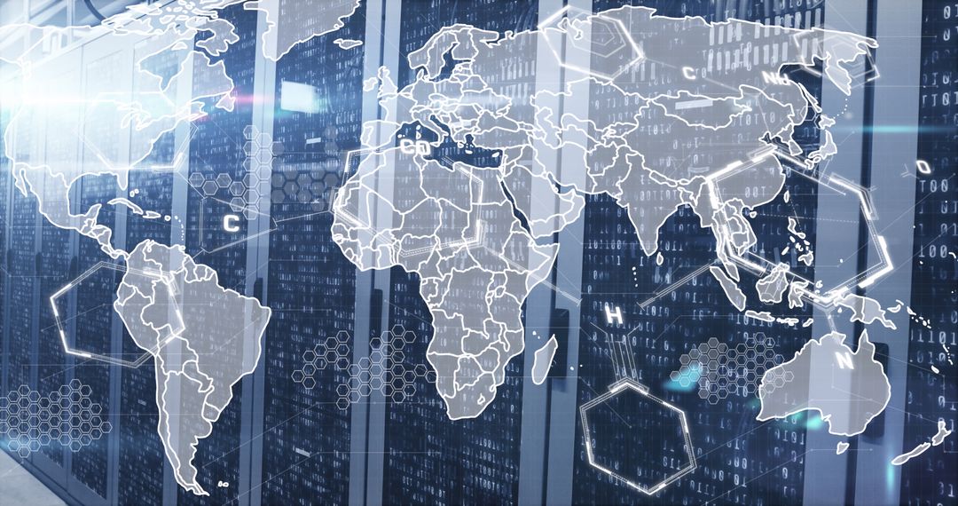 World Map and Chemical Structures in Futuristic Server Room