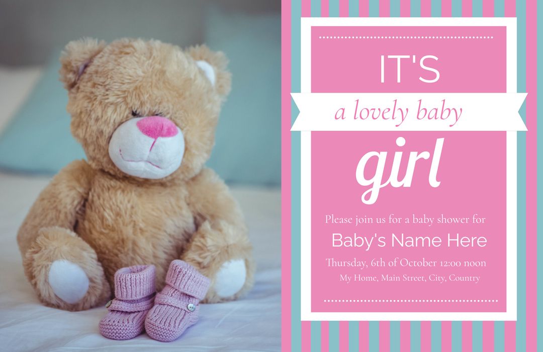 Teddy Bear and Pink Booties with Baby Shower Invitation Template - Download Free Stock Templates Pikwizard.com