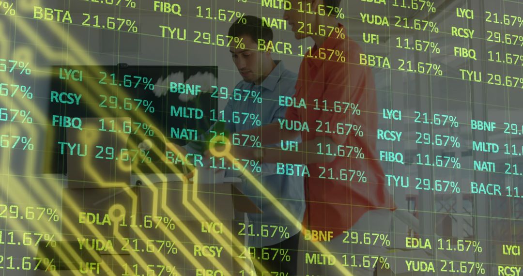 Financial Data Overlay on Diverse Coworkers Collaboration in Modern Office