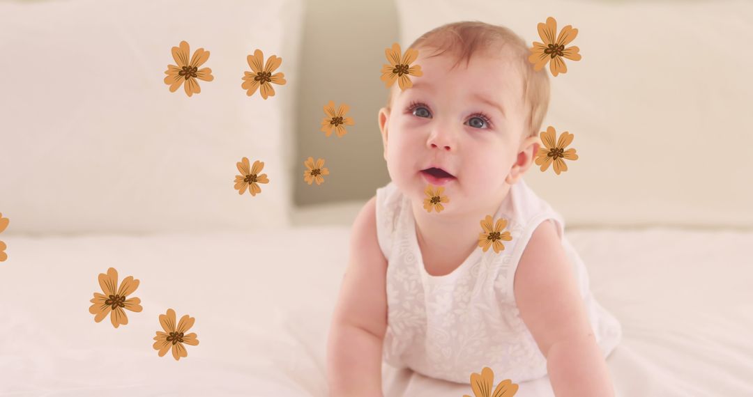 Adorable Baby Girl with Floating Flowers Capturing Feminine Charm