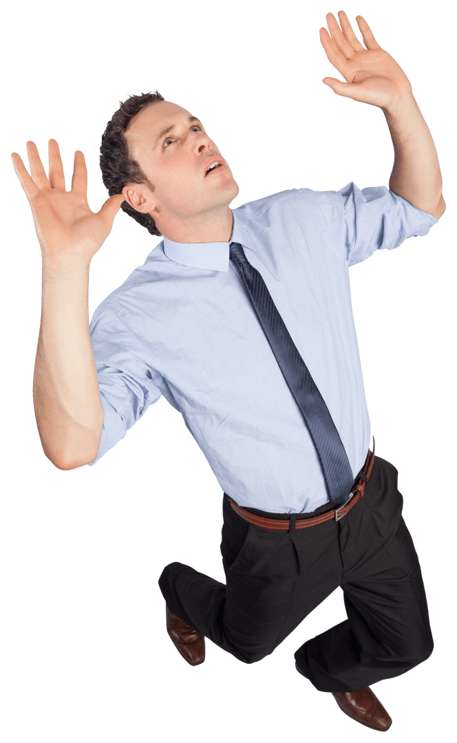Transparent Businessman Raising Arms as Expression of Excitement