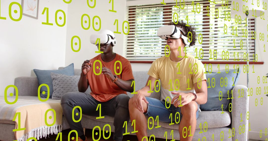 Young Friends Playing VR Games with Headsets and Controllers on Sofa with Binary Overlay