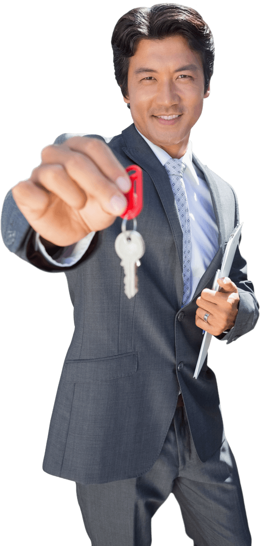 Confident Realtor Holding Key in Bright Transparent Setting