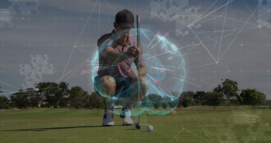 Golfer Analyzing Putt with Digital Brain Overlay on Lush Course