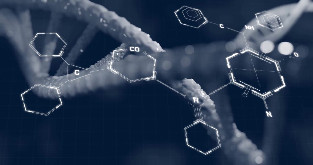DNA Strand with Chemical Structures Overlay in Science Concept