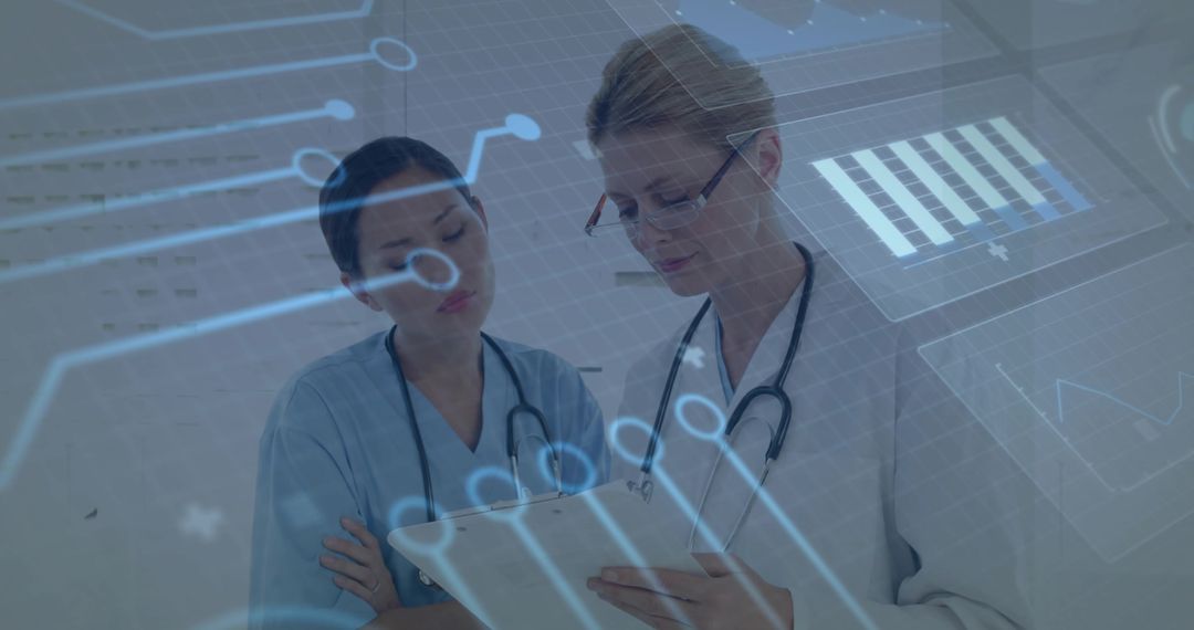 Medical Staff Analyzing Patient Charts with Digital Interface Overlay