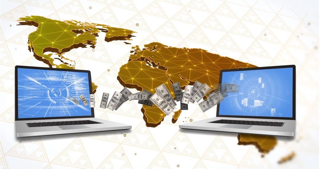 Digital Currency Transfer Between Laptops with World Map