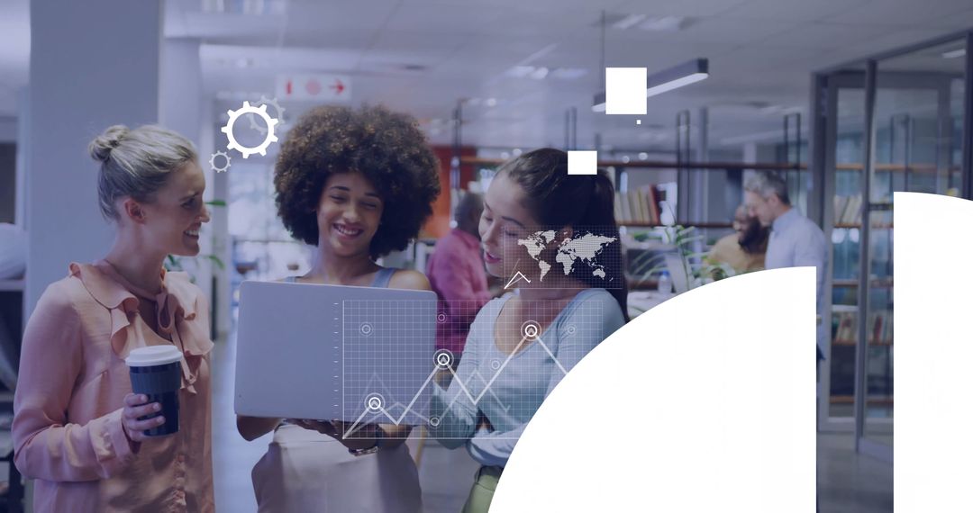 Diverse Professionals Collaborating in Modern Office with Data Visuals