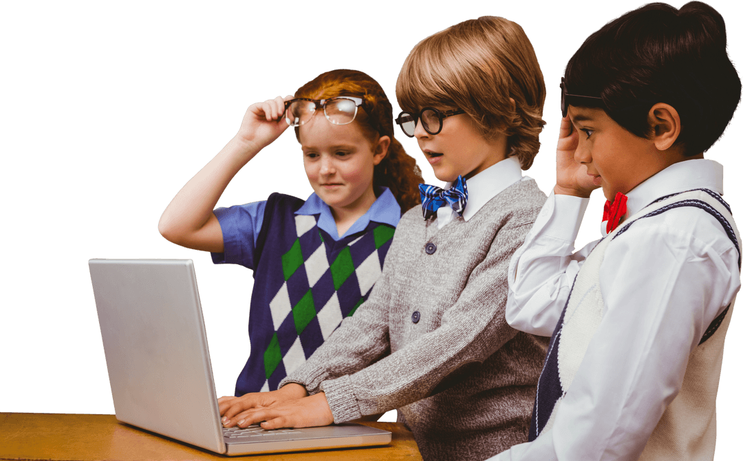 Diverse Schoolchildren Using Laptop on Transparent Background