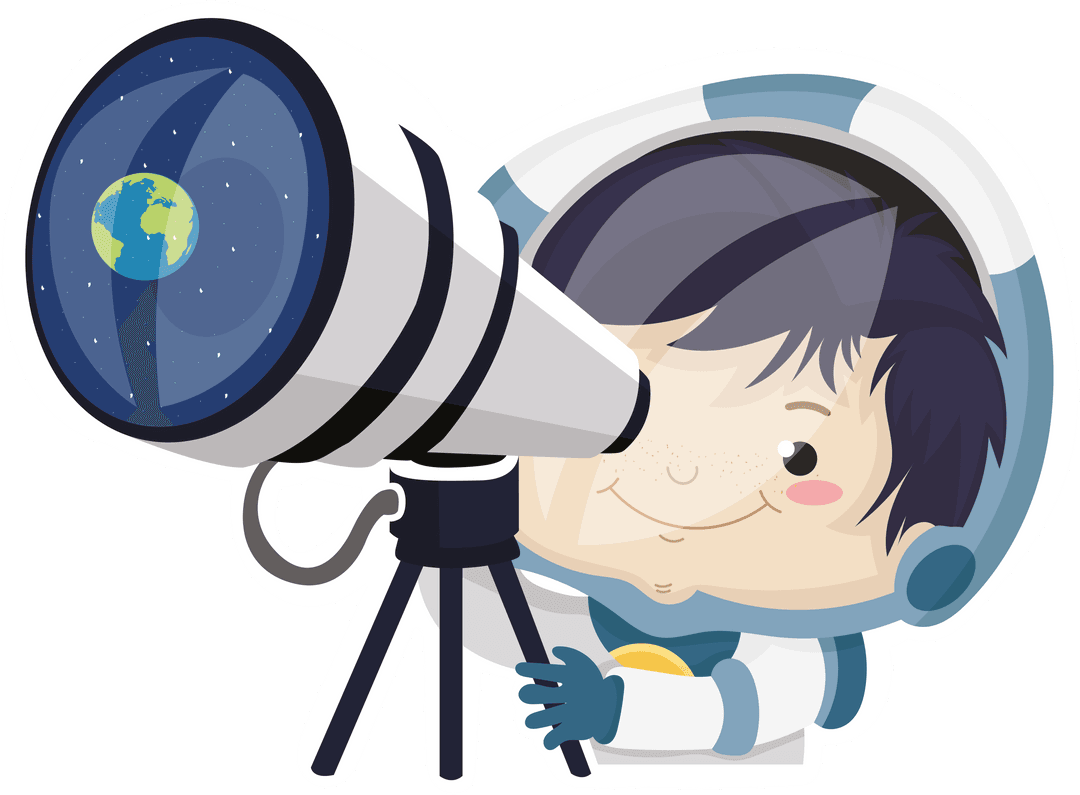 Cheerful Boy Astronaut Viewing Small Earth Through Telescope
