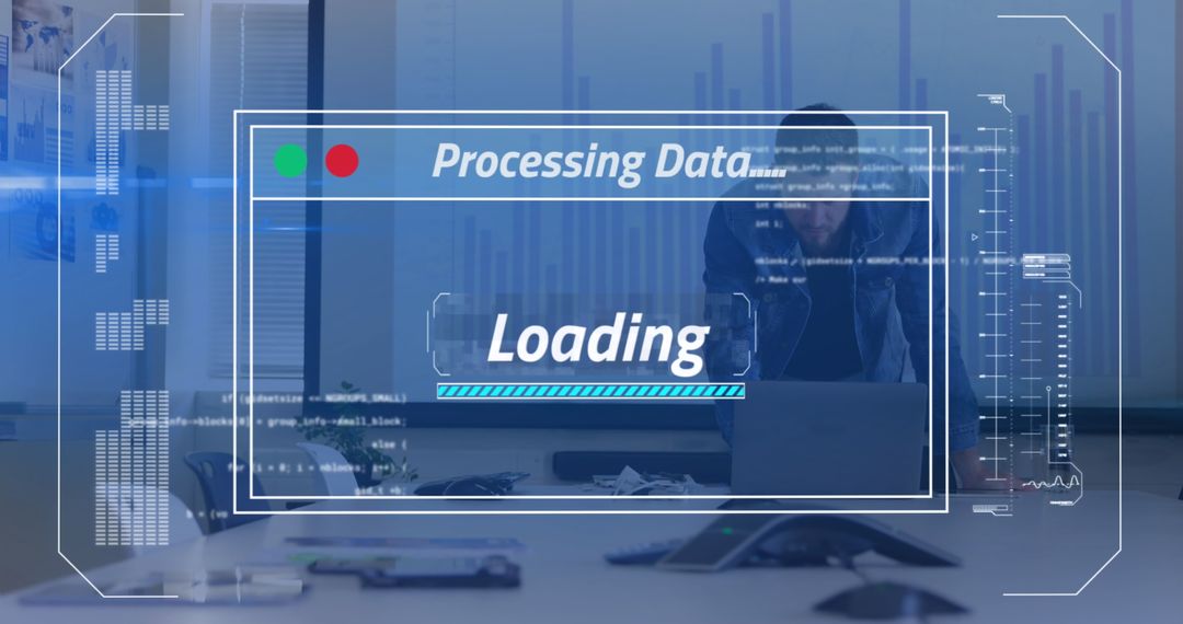 Businessman Using Laptop with Data Processing Overlay