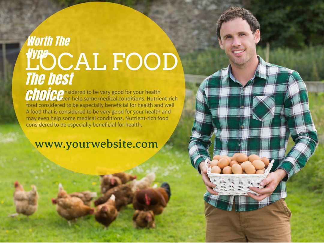 Smiling Man Holding Fresh Eggs on Farm with Free-Range Chickens