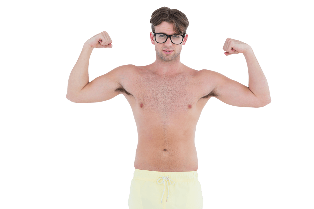 Geeky Man in Glasses Flexing for Transparent Background
