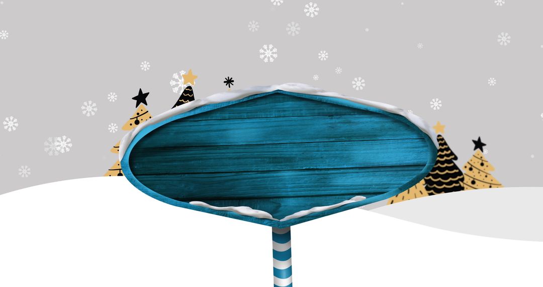 Empty Blue Wooden Signboard in Snowy Winter Wonderland