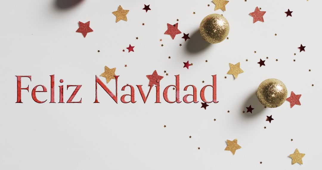 Feliz Navidad Text with Stars and Christmas Baubles on White