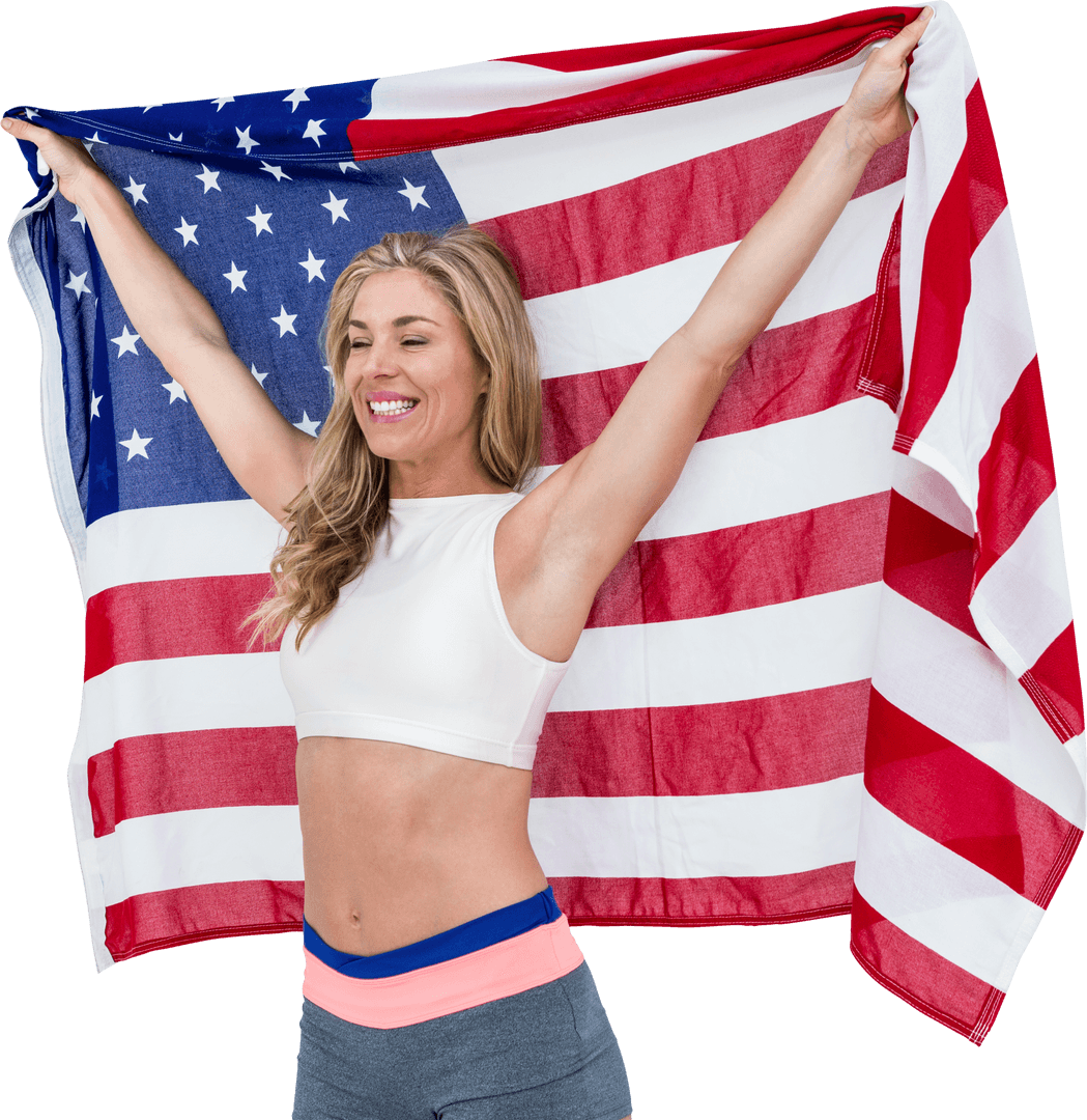 Smiling Athlete Celebrating Victory with Transparent American Flag