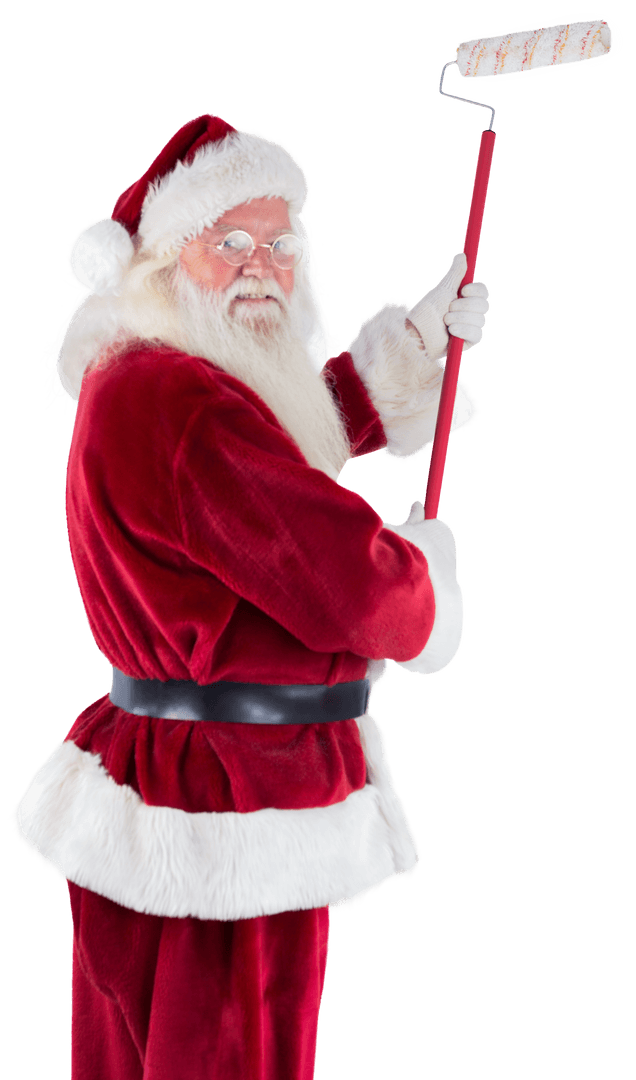 Transparent Santa Claus Painting While Smiling in Red Suit