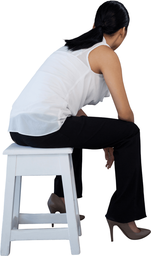 Transparent Woman Sitting on Stool in Thoughtful Pose