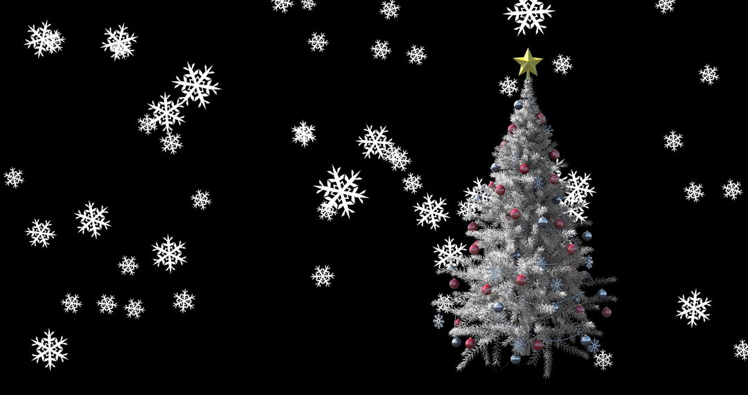 Digital Christmas Tree With Falling Snowflakes on Dark Background