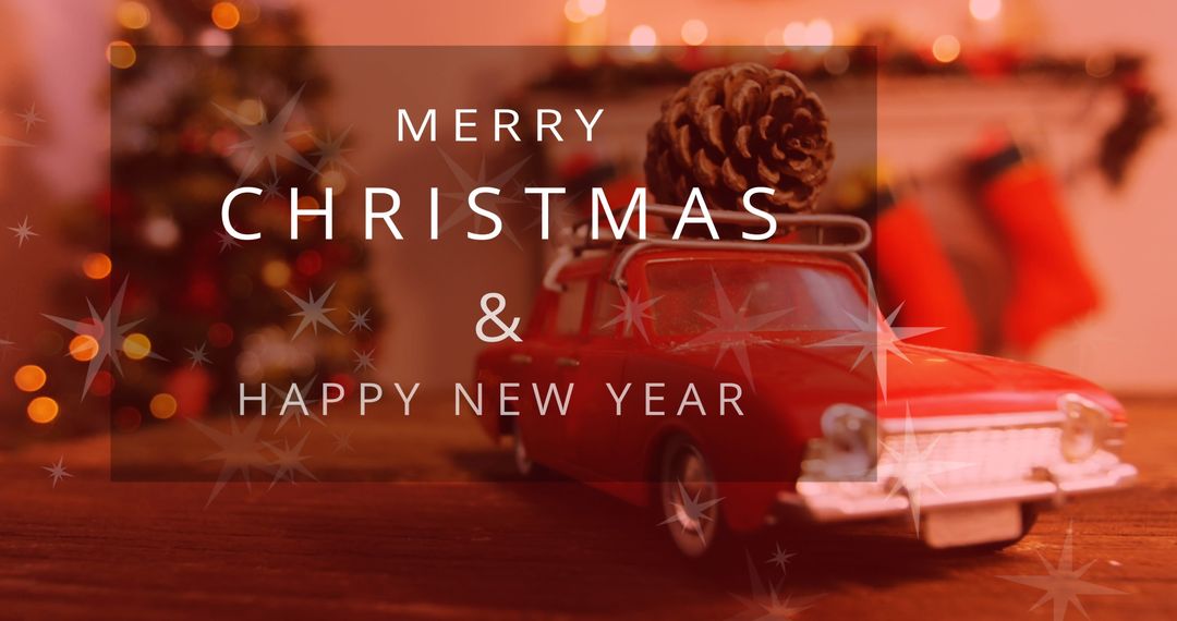 Festive Red Car Model with Pine Cone and Warm Holiday Lights