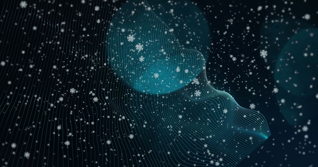 Abstract Snowfall on Black Background with Digital Waves